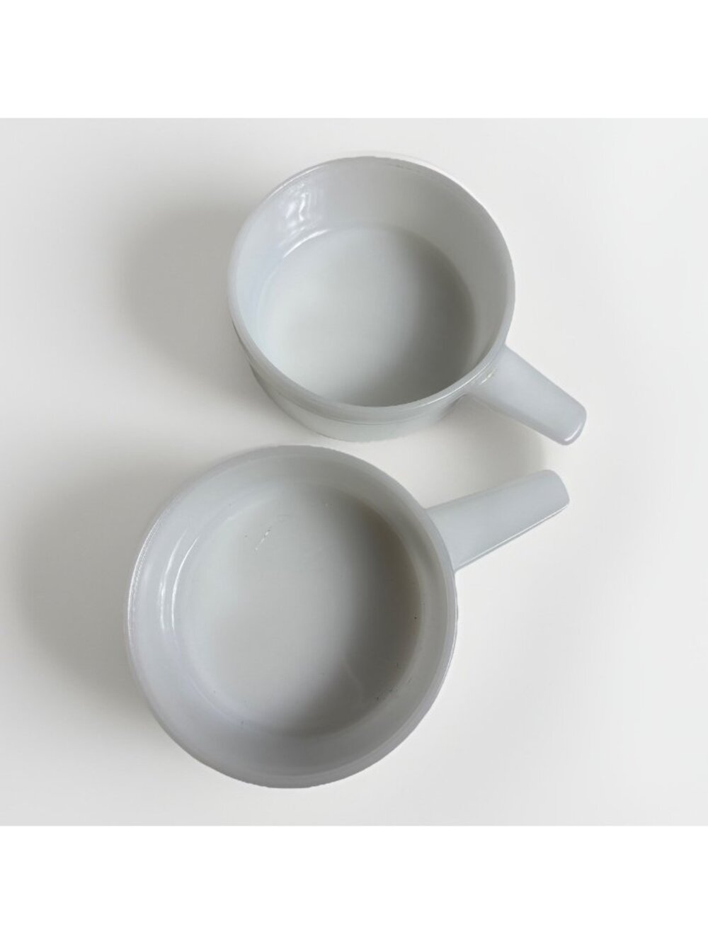 Two Ovenware Bowls Handle White Milk Glass 14 oz Soup Chili Bowls USA J-2639